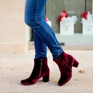 Via Spiga Velvet Ankle Boots in Rich Burgundy